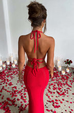 Women's Crochet Knit Maxi Dress with Plunge Neckline and Backless Detail | Red