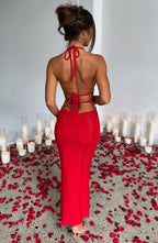 Women's Crochet Knit Maxi Dress with Plunge Neckline and Backless Detail | Red