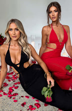 Women's Crochet Knit Maxi Dress with Plunge Neckline and Backless Detail | Red