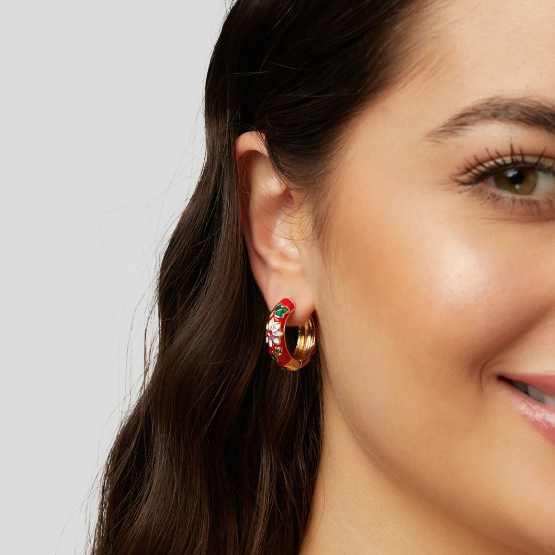 Red Enamel Flower Earrings for Women | Hypoallergenic Hinged Hoops | Elegant Everyday Style