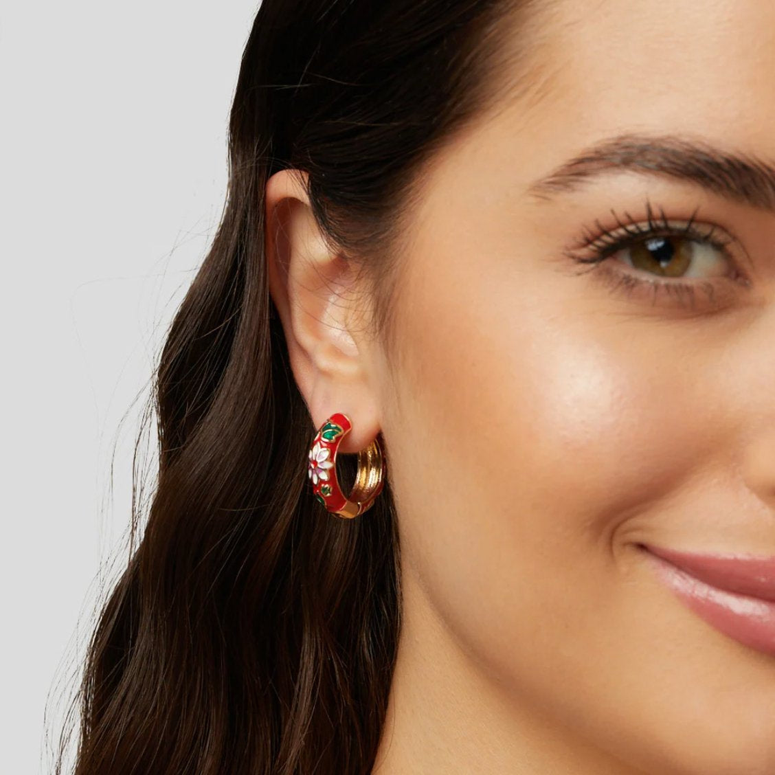 Red Enamel Flower Earrings for Women | Hypoallergenic Hinged Hoops | Elegant Everyday Style