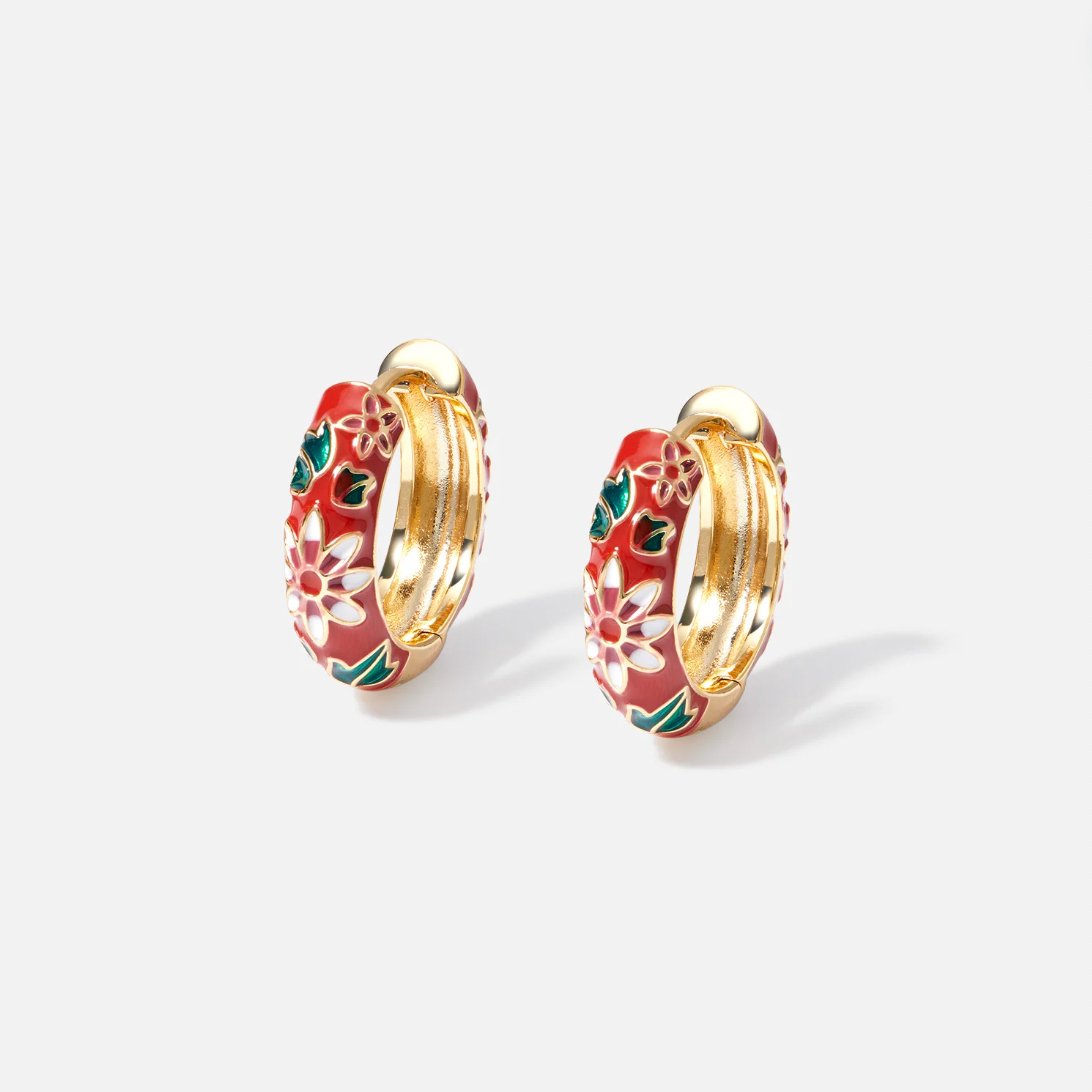 Red Enamel Flower Earrings for Women | Hypoallergenic Hinged Hoops | Elegant Everyday Style