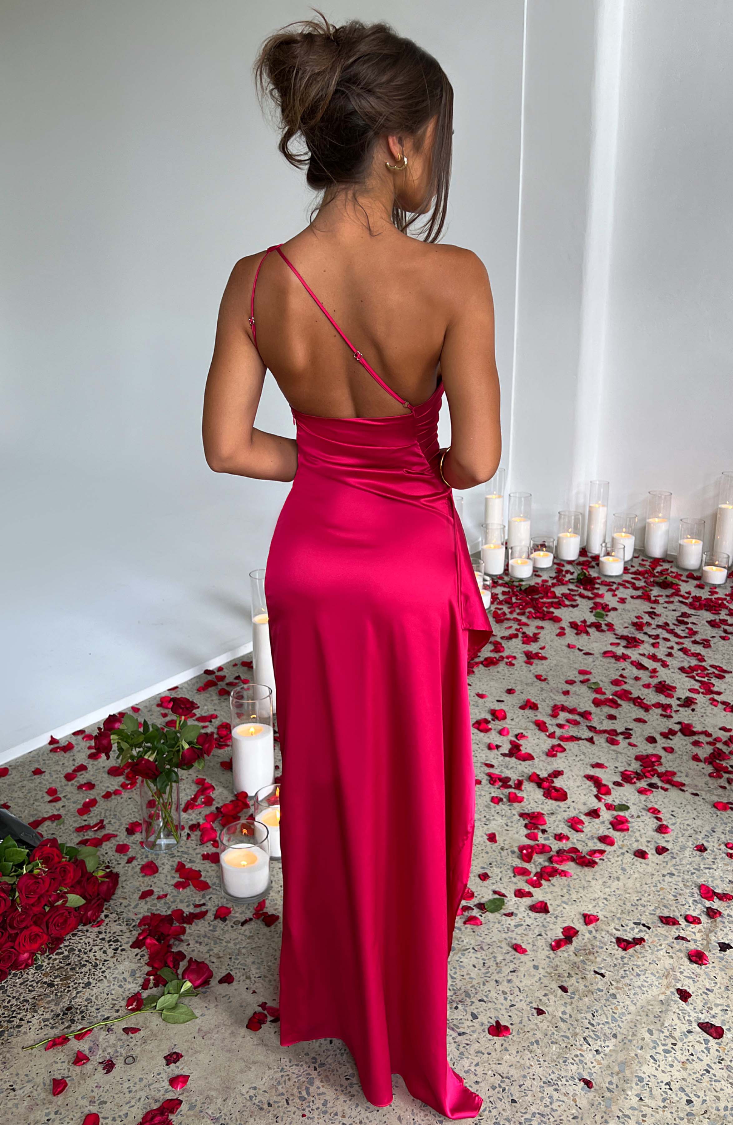 Women's Maxi Dress - Luxury Satin, One Shoulder, Draped Detail, Thigh High Split, Body Hugging Fit | Red