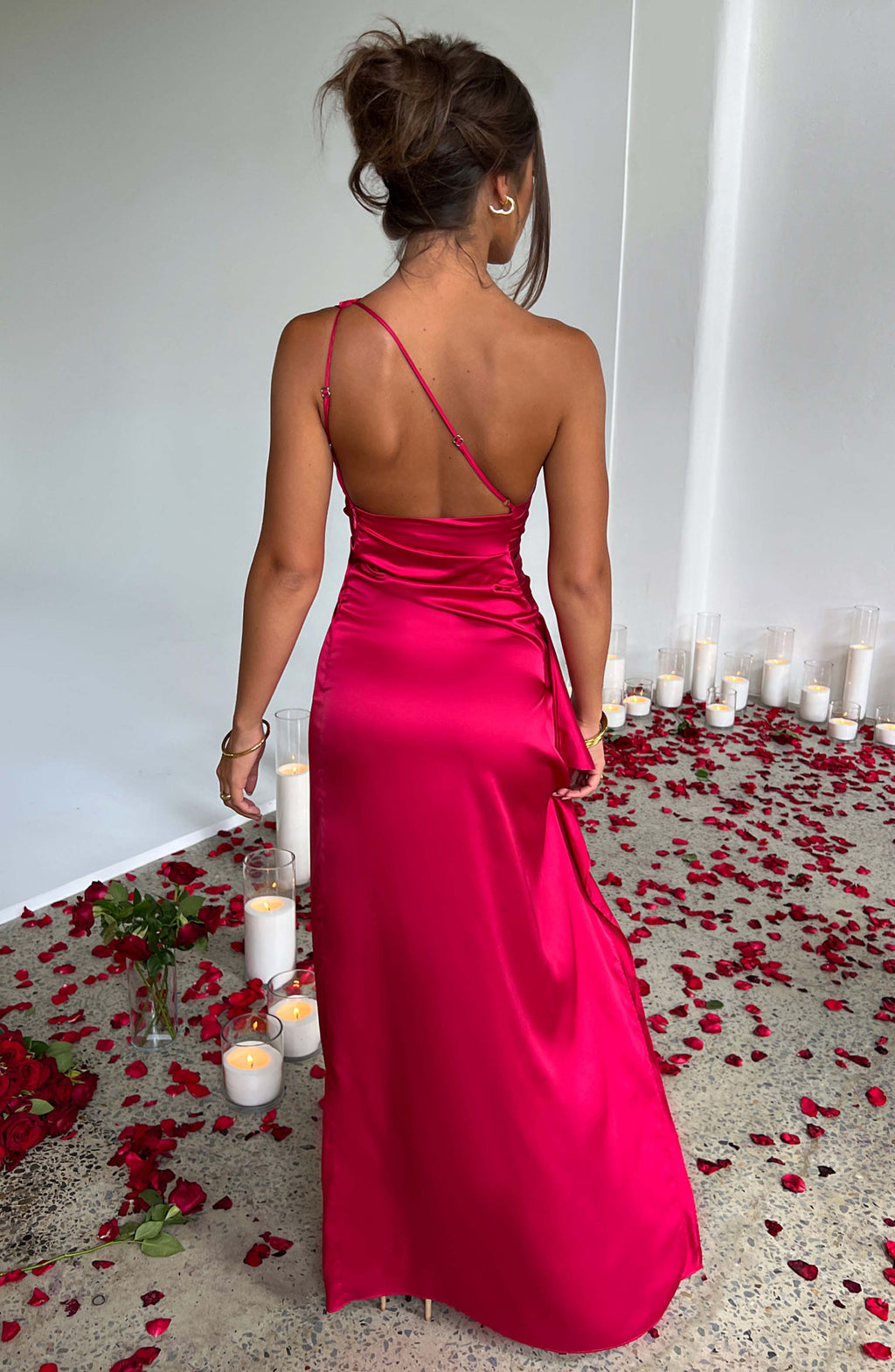 Women's Maxi Dress - Luxury Satin, One Shoulder, Draped Detail, Thigh High Split, Body Hugging Fit | Red
