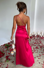 Women's Maxi Dress - Luxury Satin, One Shoulder, Draped Detail, Thigh High Split, Body Hugging Fit | Red