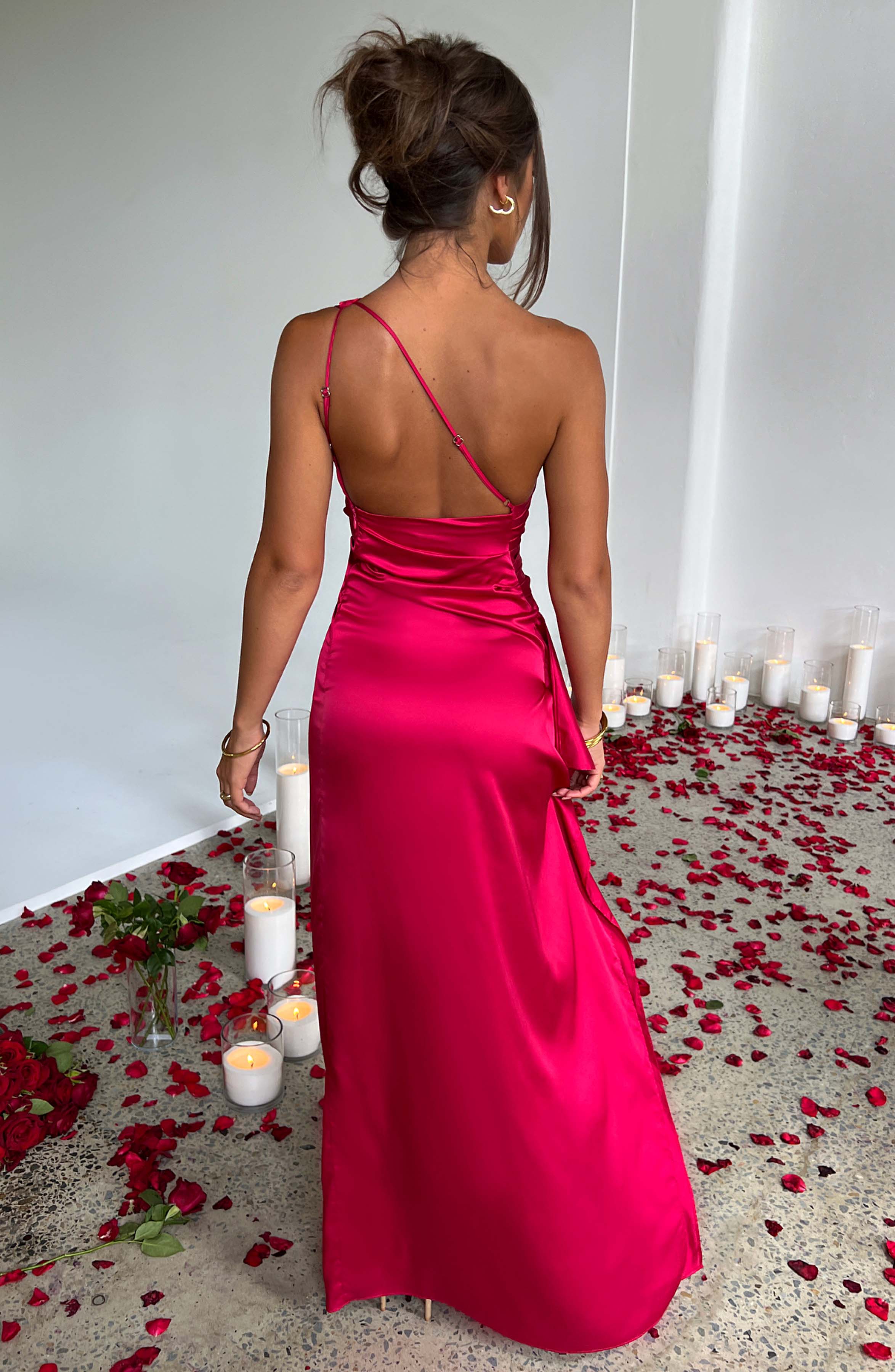Women's Maxi Dress - Luxury Satin, One Shoulder, Draped Detail, Thigh High Split, Body Hugging Fit | Red
