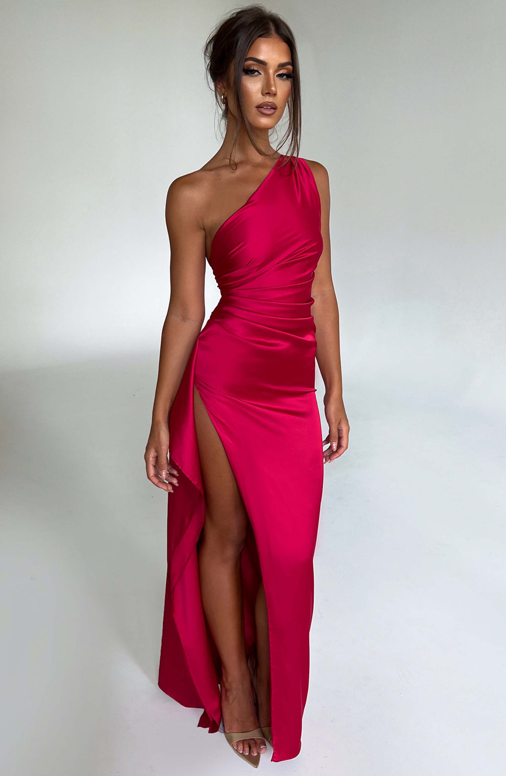 Women's Maxi Dress - Luxury Satin, One Shoulder, Draped Detail, Thigh High Split, Body Hugging Fit | Red