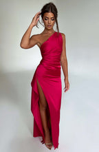 Women's Maxi Dress - Luxury Satin, One Shoulder, Draped Detail, Thigh High Split, Body Hugging Fit | Red
