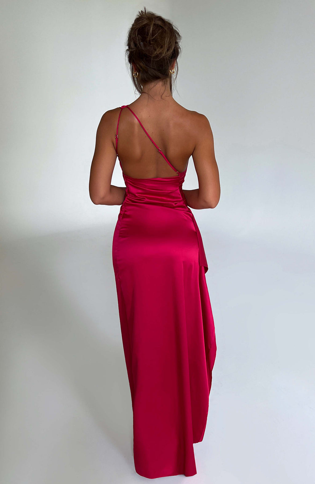 Women's Maxi Dress - Luxury Satin, One Shoulder, Draped Detail, Thigh High Split, Body Hugging Fit | Red