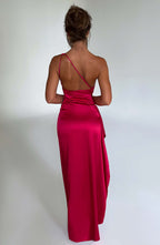 Women's Maxi Dress - Luxury Satin, One Shoulder, Draped Detail, Thigh High Split, Body Hugging Fit | Red