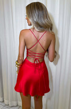Women's Mini Dress with Cowl Neckline and Adjustable Criss-Cross Back | Red