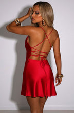 Women's Mini Dress with Cowl Neckline and Adjustable Criss-Cross Back | Red