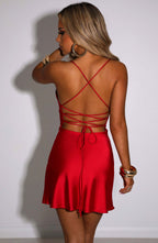 Women's Mini Dress with Cowl Neckline and Adjustable Criss-Cross Back | Red