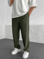 Relaxed Loose Ribbed Fit Trousers for Men - Comfortable Casual Style, High Waist, baggy straight leg Green