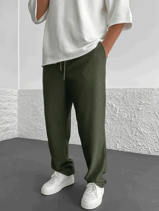 Relaxed Loose Ribbed Fit Trousers for Men - Comfortable Casual Style, High Waist, baggy straight leg Green