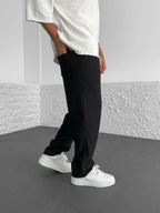 Relaxed Loose Ribbed Fit Trousers for Men - Comfortable Casual Style, High Waist, baggy straight leg