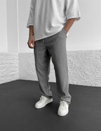 Relaxed Loose Ribbed Fit Trousers for Men - Comfortable Casual Style, High Waist, baggy straight leg Grey