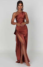 Maxi Dress - Luxury One Shoulder Satin Gown with Thigh High Split and Draped Detailing for Women | Brown