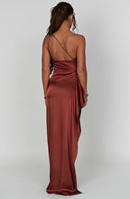 Maxi Dress - Luxury One Shoulder Satin Gown with Thigh High Split and Draped Detailing for Women | Brown