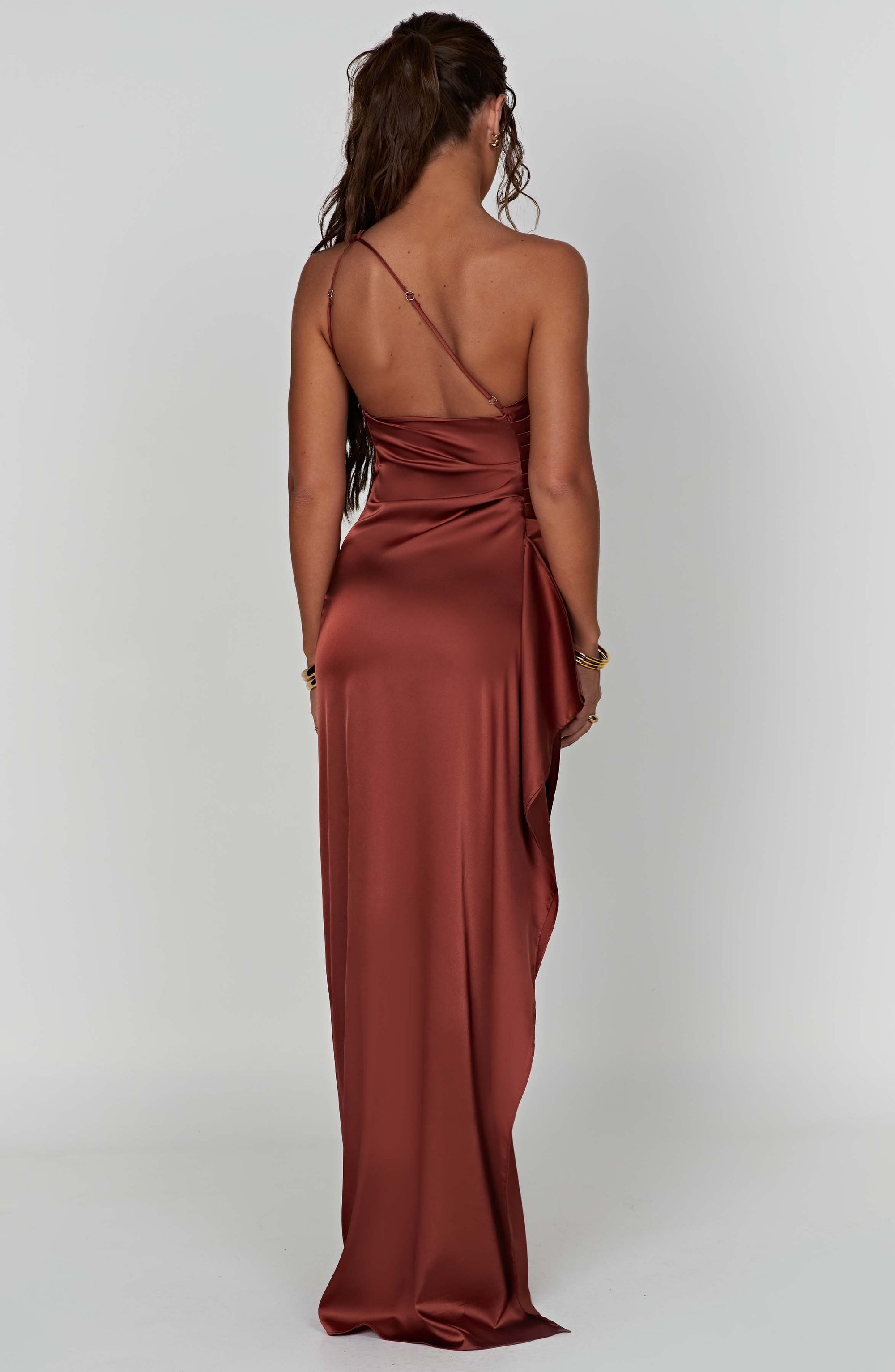 Maxi Dress - Luxury One Shoulder Satin Gown with Thigh High Split and Draped Detailing for Women | Brown