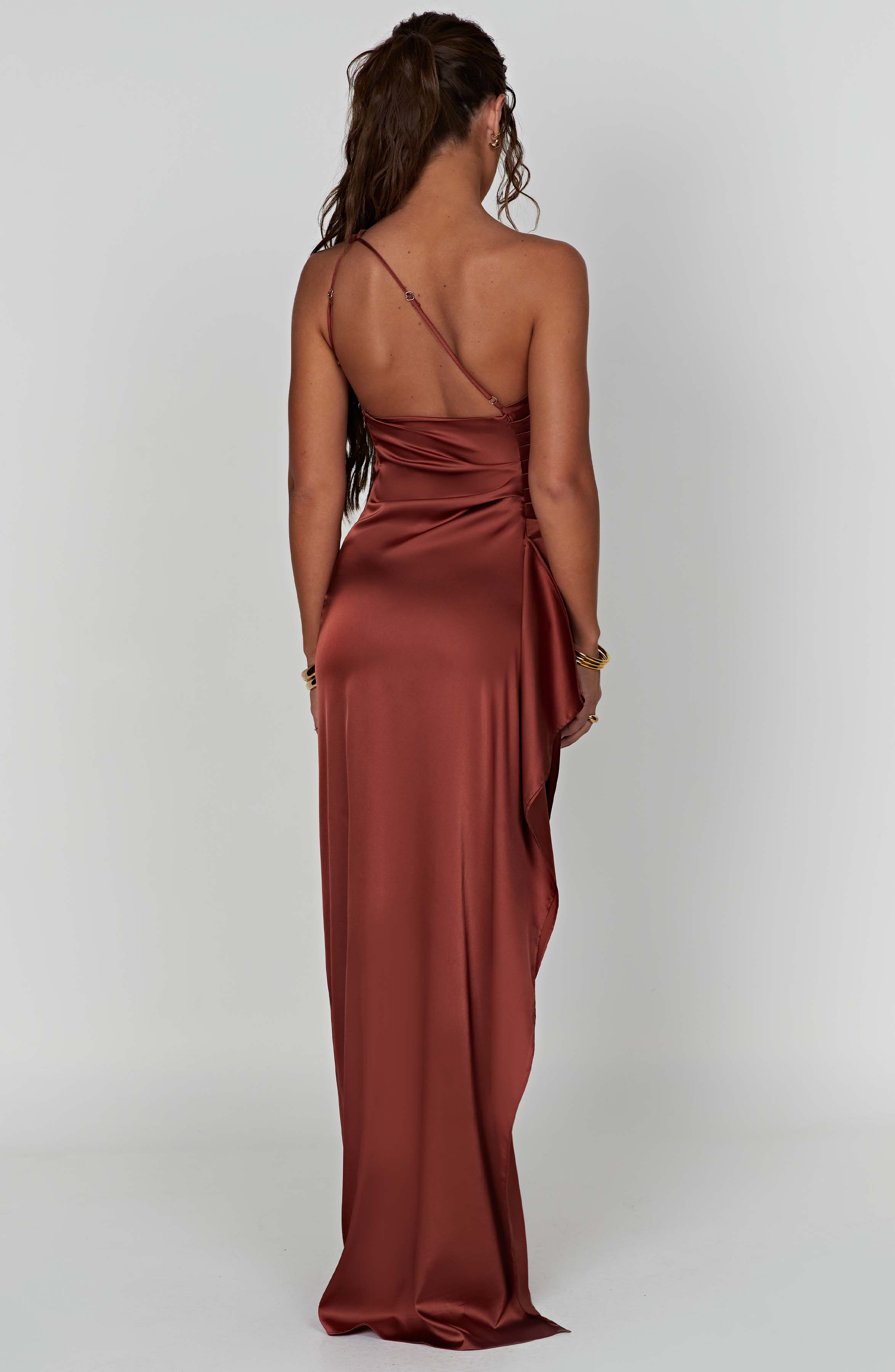 Maxi Dress - Luxury One Shoulder Satin Gown with Thigh High Split and Draped Detailing for Women | Brown