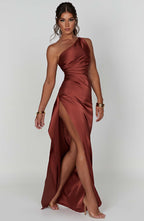 Maxi Dress - Luxury One Shoulder Satin Gown with Thigh High Split and Draped Detailing for Women | Brown