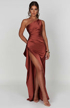 Maxi Dress - Luxury One Shoulder Satin Gown with Thigh High Split and Draped Detailing for Women | Brown