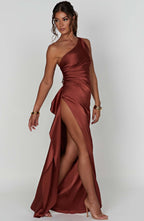 Maxi Dress - Luxury One Shoulder Satin Gown with Thigh High Split and Draped Detailing for Women | Brown