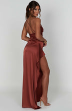 Maxi Dress - Luxury One Shoulder Satin Gown with Thigh High Split and Draped Detailing for Women | Brown