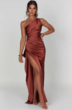 Maxi Dress - Luxury One Shoulder Satin Gown with Thigh High Split and Draped Detailing for Women | Brown