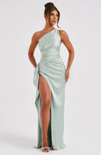Maxi Dress for Women - Luxury Satin, One Shoulder, Thigh-High Split, Body-Hugging Fit | Sage
