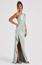 Maxi Dress for Women - Luxury Satin, One Shoulder, Thigh-High Split, Body-Hugging Fit | Sage