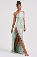 Maxi Dress for Women - Luxury Satin, One Shoulder, Thigh-High Split, Body-Hugging Fit | Sage