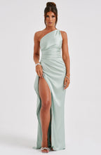 Maxi Dress for Women - Luxury Satin, One Shoulder, Thigh-High Split, Body-Hugging Fit | Sage