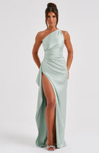 Maxi Dress for Women - Luxury Satin, One Shoulder, Thigh-High Split, Body-Hugging Fit | Sage