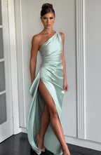 Maxi Dress for Women - Luxury Satin, One Shoulder, Thigh-High Split, Body-Hugging Fit | Sage