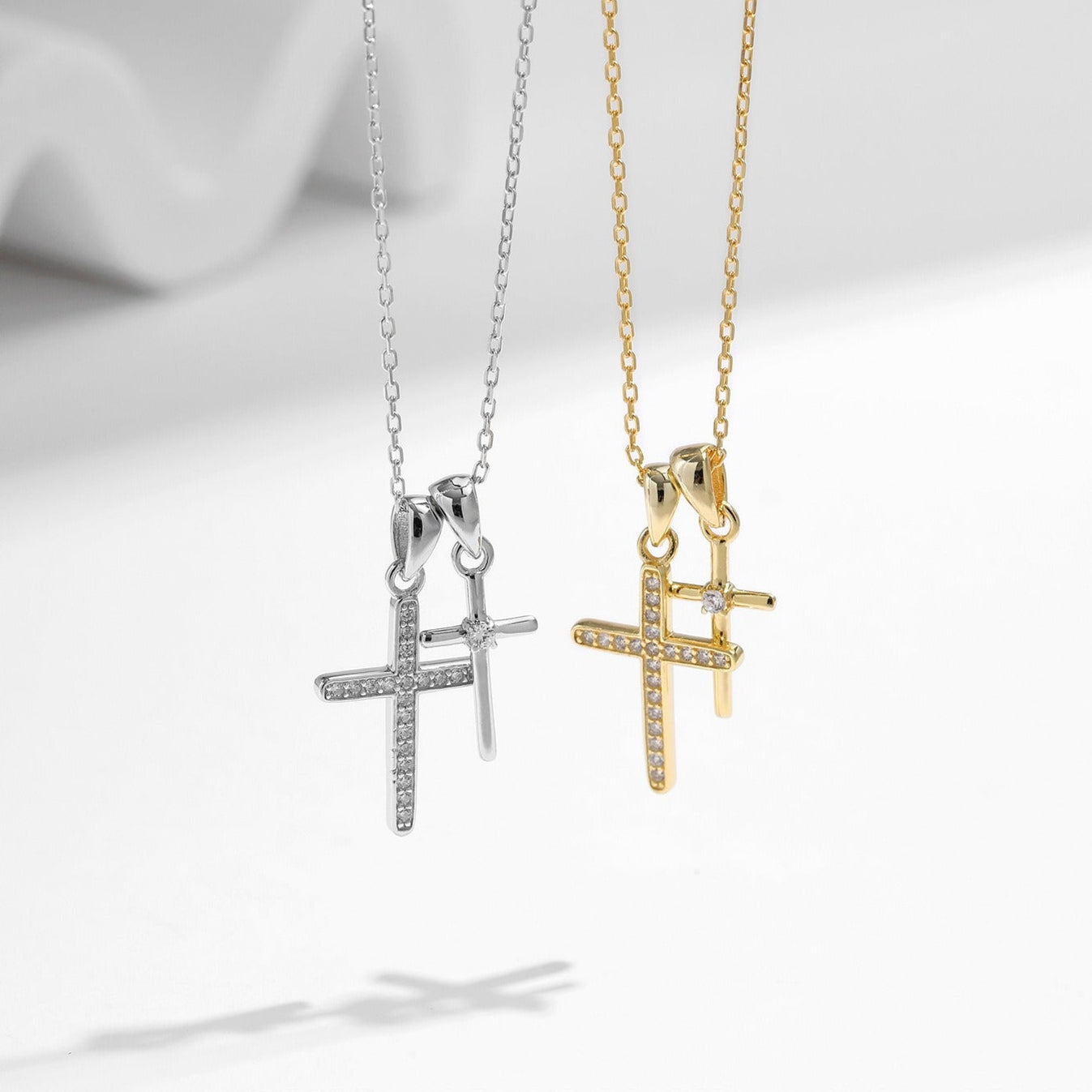 Sterling Silver & 18K Gold Double Cross Necklace – Religious Jewellery, Hypoallergenic, Waterproof, Gift for Her