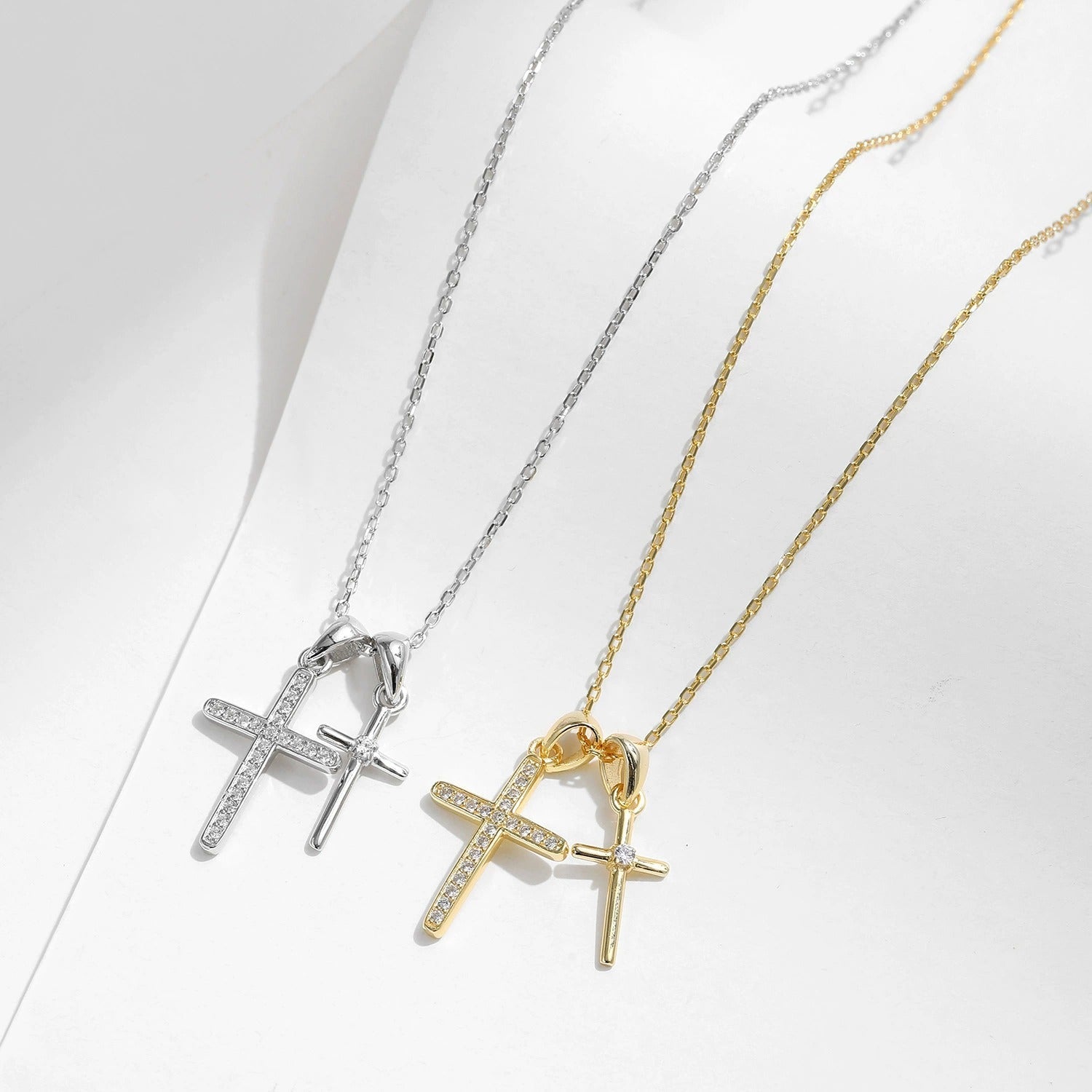 Sterling Silver & 18K Gold Double Cross Necklace – Religious Jewellery, Hypoallergenic, Waterproof, Gift for Her