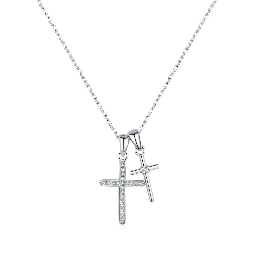 Sterling Silver & 18K Gold Double Cross Necklace – Religious Jewellery, Hypoallergenic, Waterproof, Gift for Her Silver