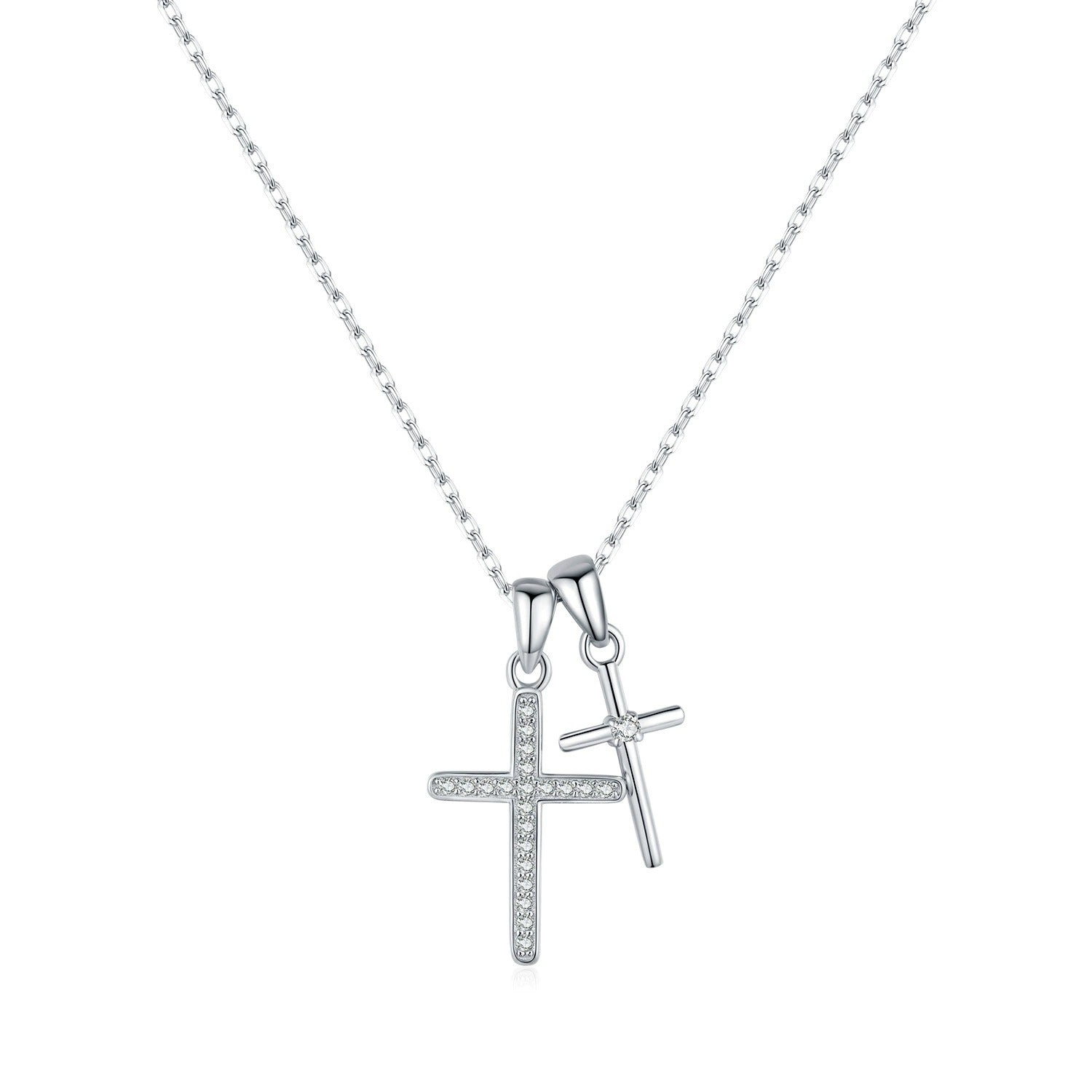 Sterling Silver & 18K Gold Double Cross Necklace – Religious Jewellery, Hypoallergenic, Waterproof, Gift for Her Silver