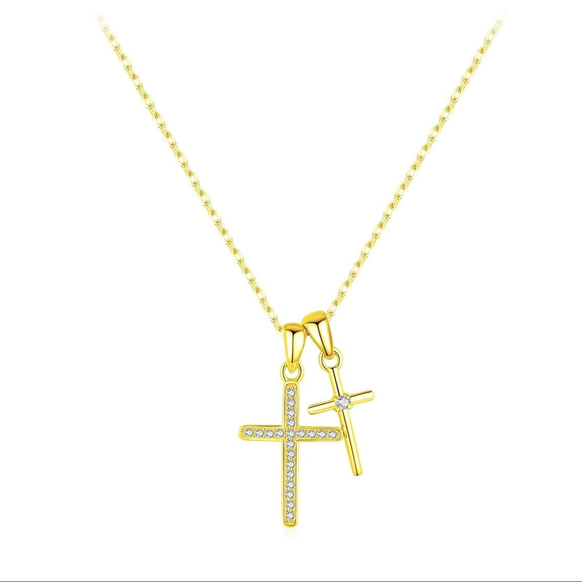 Sterling Silver & 18K Gold Double Cross Necklace – Religious Jewellery, Hypoallergenic, Waterproof, Gift for Her Gold