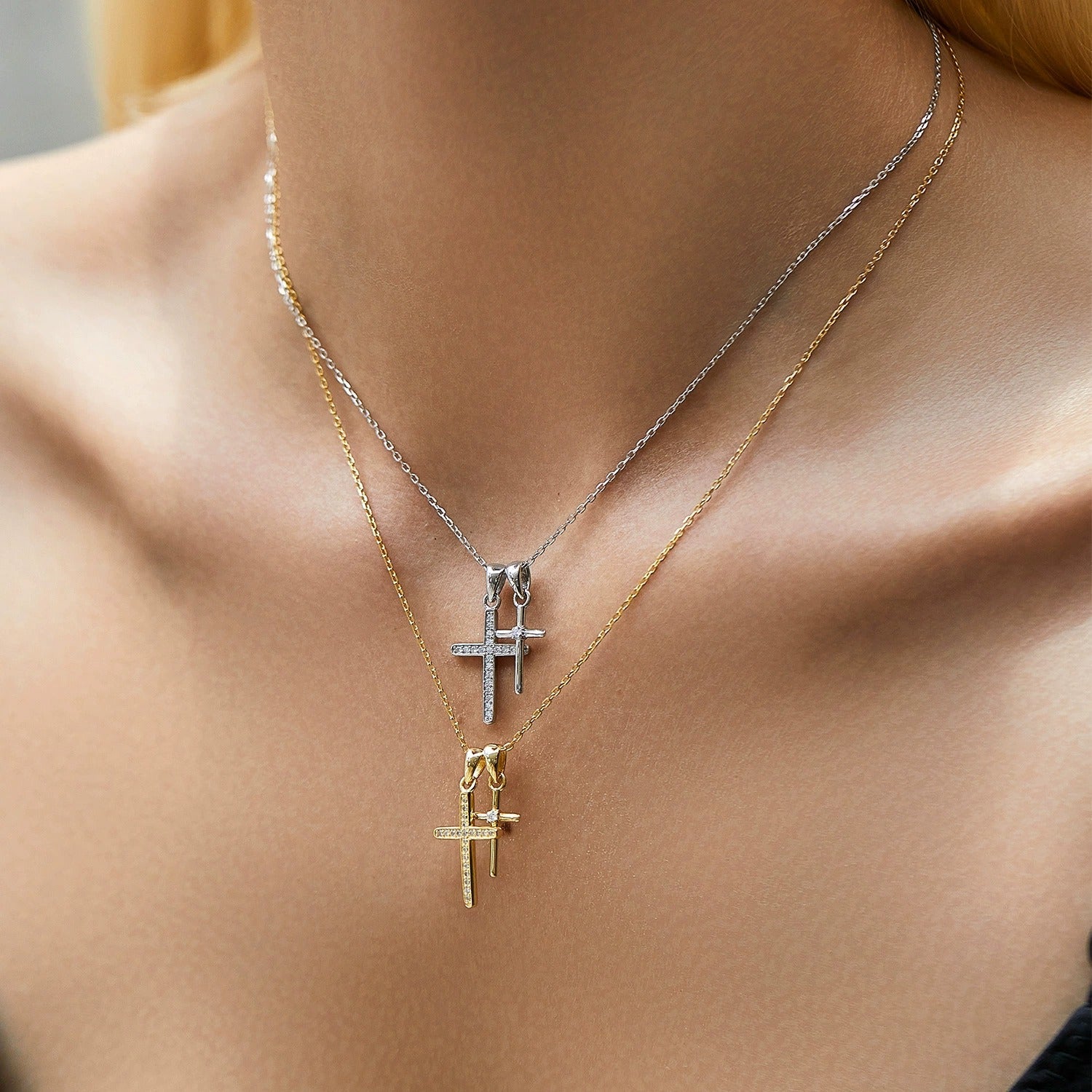 Sterling Silver & 18K Gold Double Cross Necklace – Religious Jewellery, Hypoallergenic, Waterproof, Gift for Her