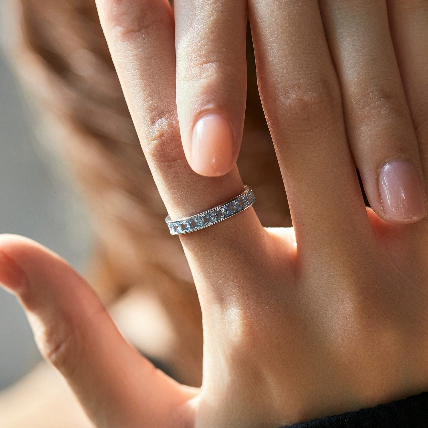 Sterling Silver Blue Eternity Ring for Women – Channel Set Crystals, Hypoallergenic & Gift-Ready