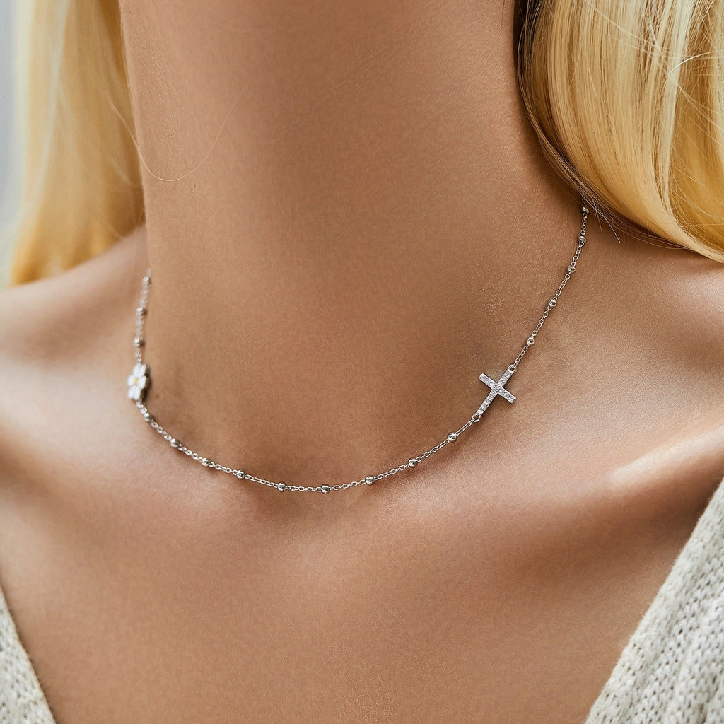 Sterling Silver Croix Necklace with Crystal, Waterproof, Elegant Layering Piece for Women
