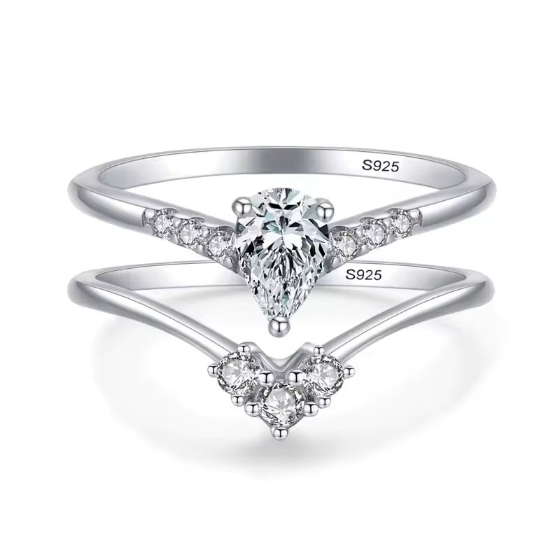 Sterling Silver Crystal Duo Ring Set - Elegant Minimalist Sparkle for Women