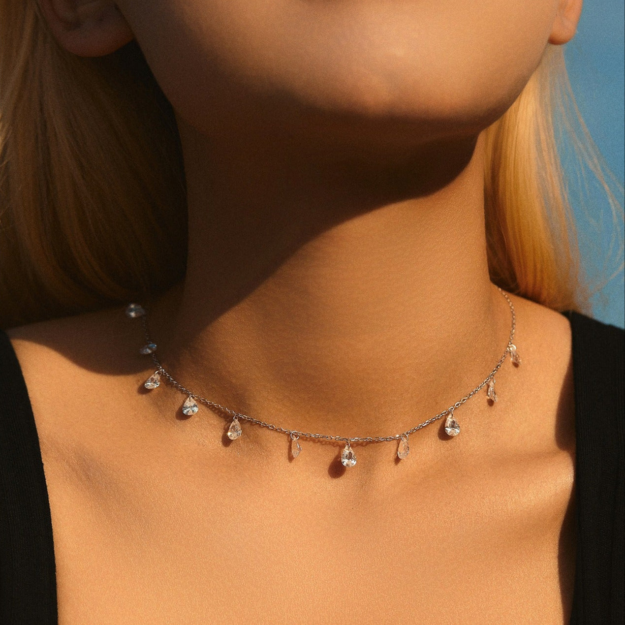 Sterling Silver Crystal Teardrop Dew Necklace – Elegant Jewellery, Hypoallergenic, Gift for Her