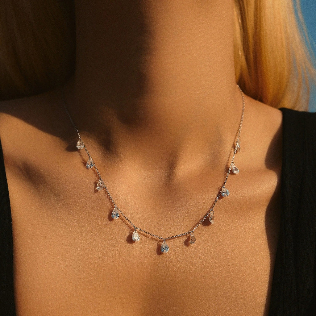 Sterling Silver Crystal Teardrop Dew Necklace – Elegant Jewellery, Hypoallergenic, Gift for Her