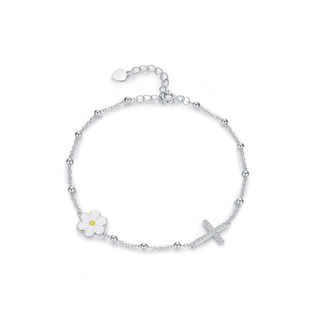 Sterling Silver Daisy Bracelet – Enamel Flower Charm, Waterproof, Hypoallergenic Jewellery Gift
