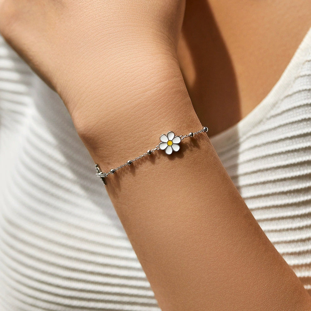 Sterling Silver Daisy Bracelet – Enamel Flower Charm, Waterproof, Hypoallergenic Jewellery Gift