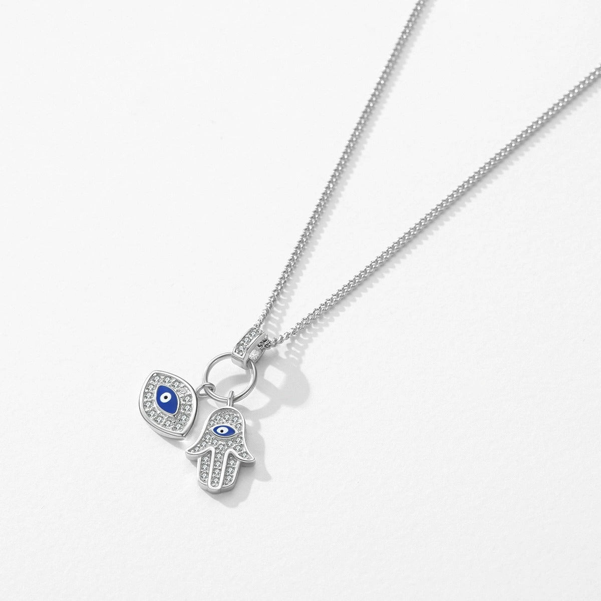 Sterling Silver Evil Eye & Hamsa Pendant Necklace – Cubic Zirconia, Hypoallergenic, Waterproof, Protection Jewellery Gift